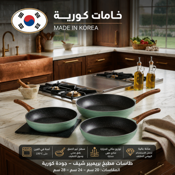 طقم طاسات جرانيت Premier Chef – 3 مقاسات (20 / 24 / 28 سم) | غير لاصقة + توزيع حراري مثالي
